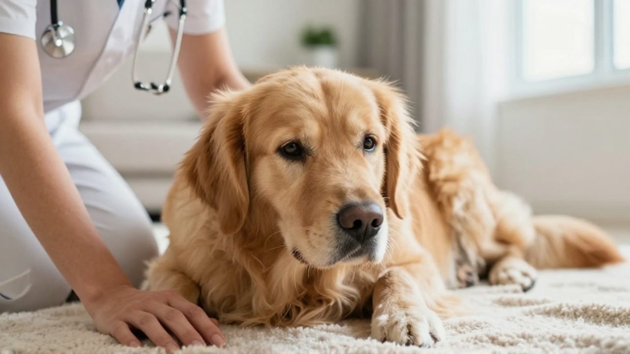 Dueño acariciando con cuidado la cabeza de un perro Golden Retriever mientras lo observa atentamente sobre una manta en el salón de su casa.