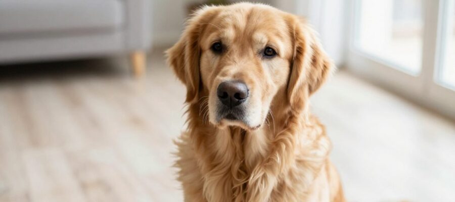 Perro Golden Retriever sentado en una sala con expresión de incomodidad, sugiriendo malestar físico.