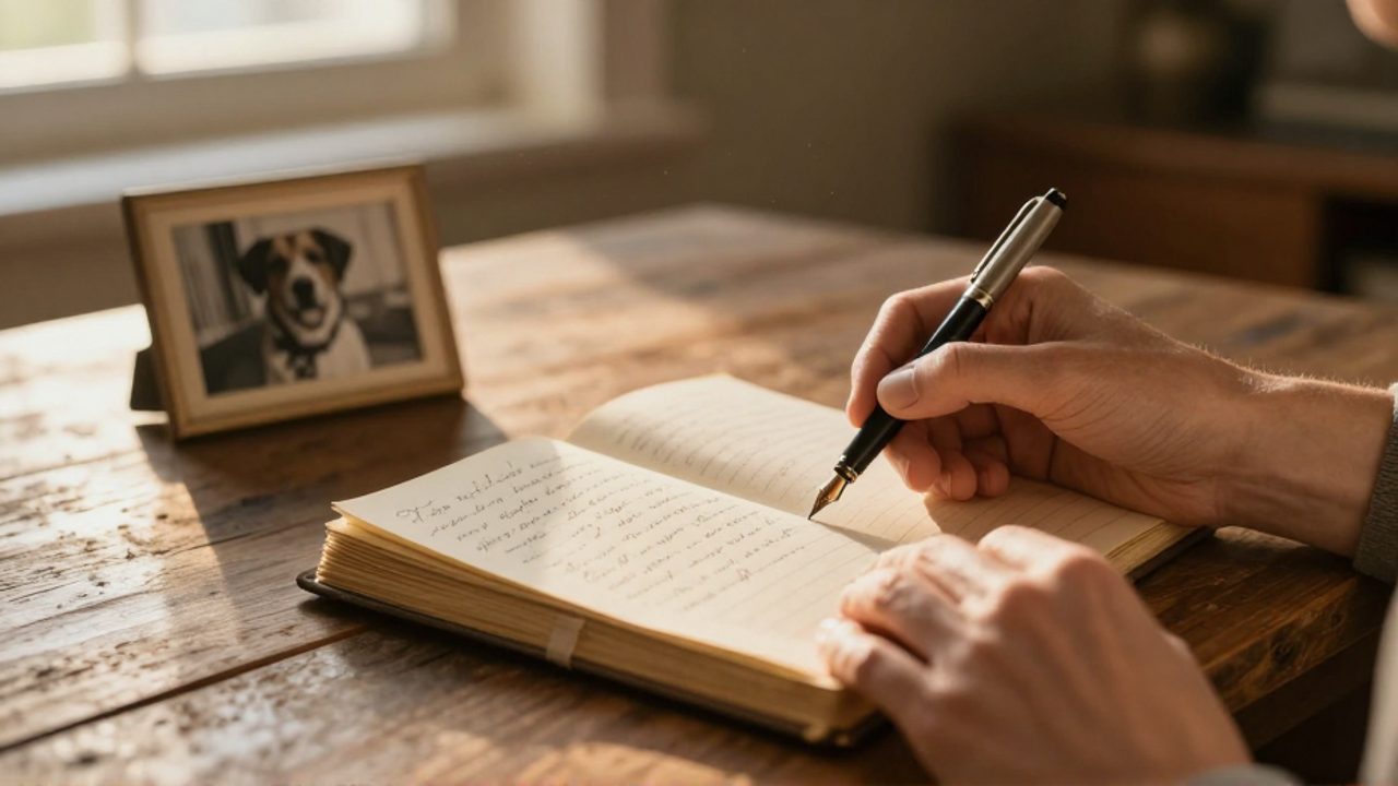 Manos sosteniendo un diario y una pluma sobre una mesa de madera, junto a una fotografía enmarcada de un perro para escribir un mensaje de despedida.