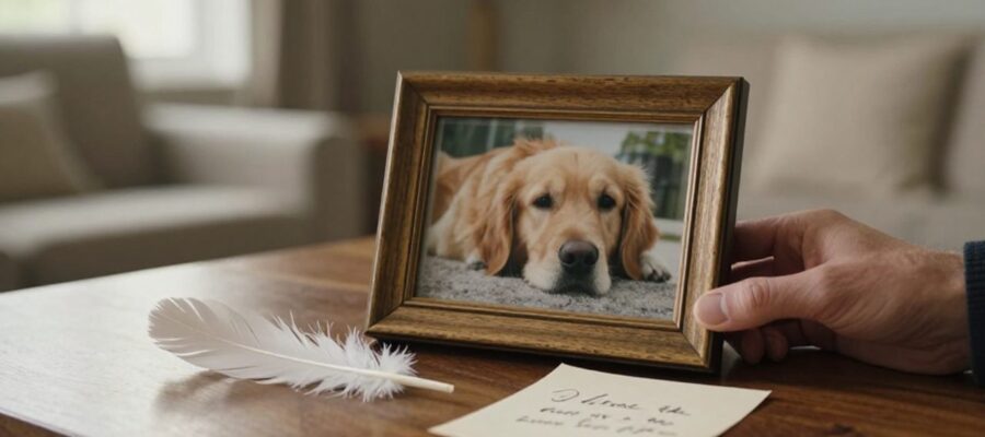 Una mano descansa sobre el retrato de un perro golden retriever junto a una nota escrita a mano y una pluma blanca sobre una mesa de madera.