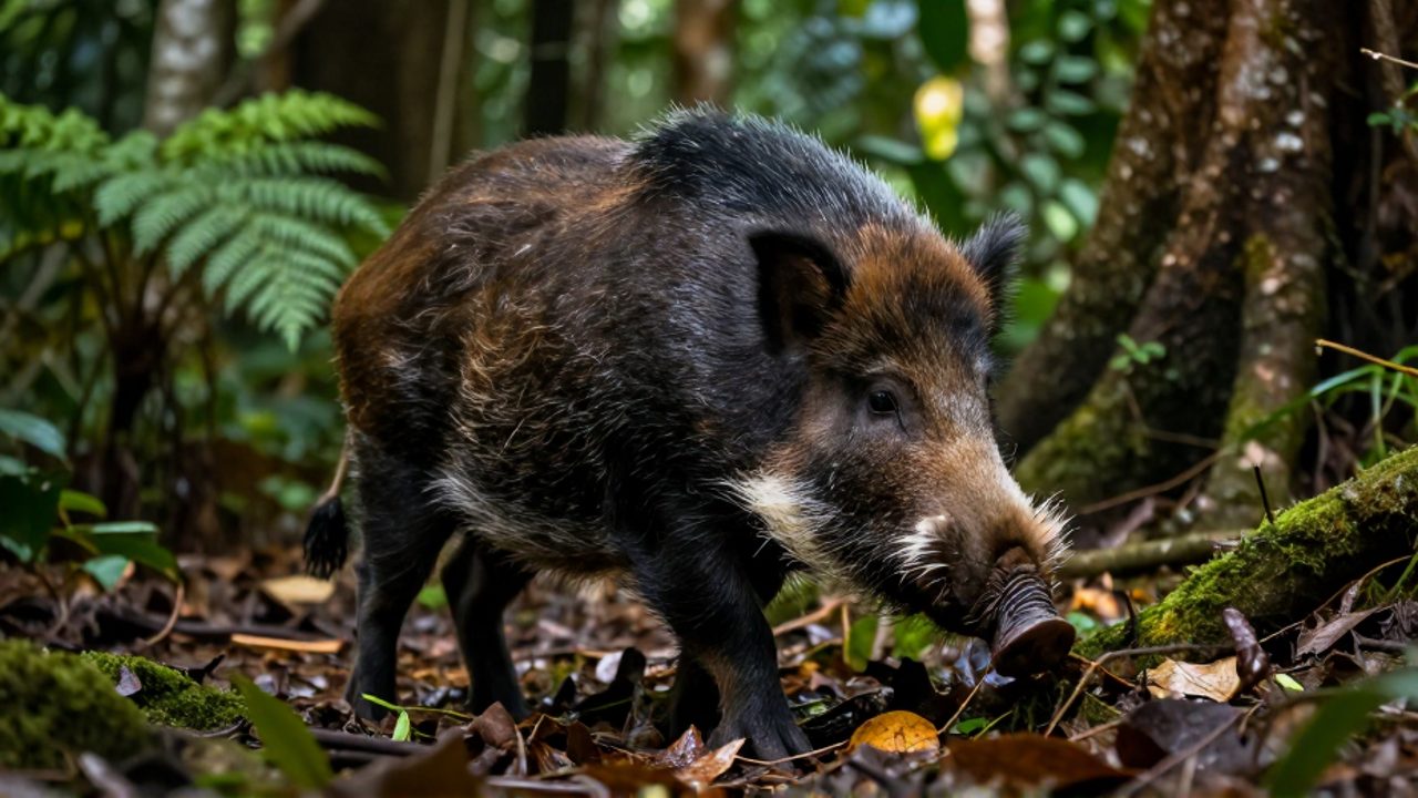 Un jabalí barbado de Borneo busca alimento entre las hojas y raíces de una selva tropical densa.