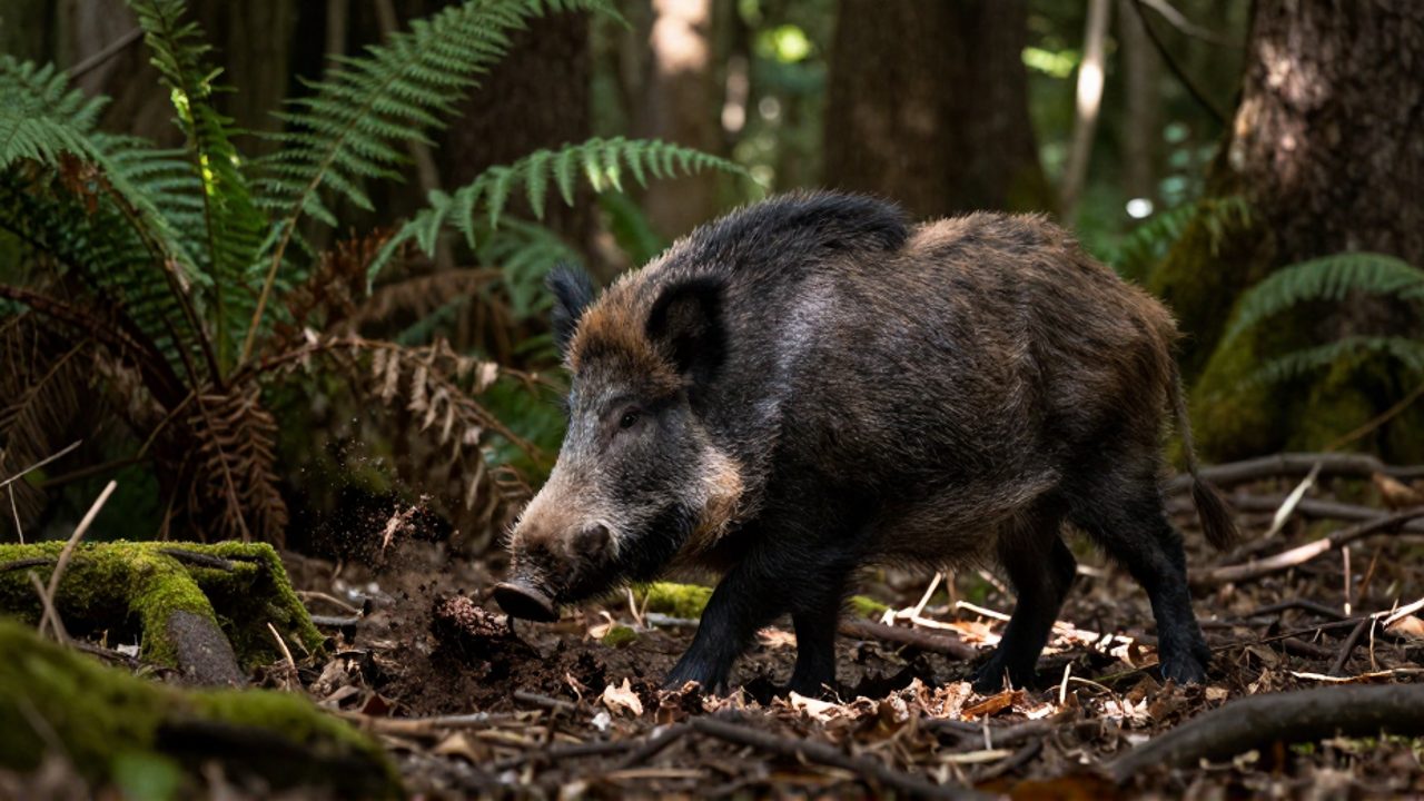 Un jabalí de pelaje oscuro busca alimento hocicando la tierra húmeda y la hojarasca en el suelo de un bosque denso.