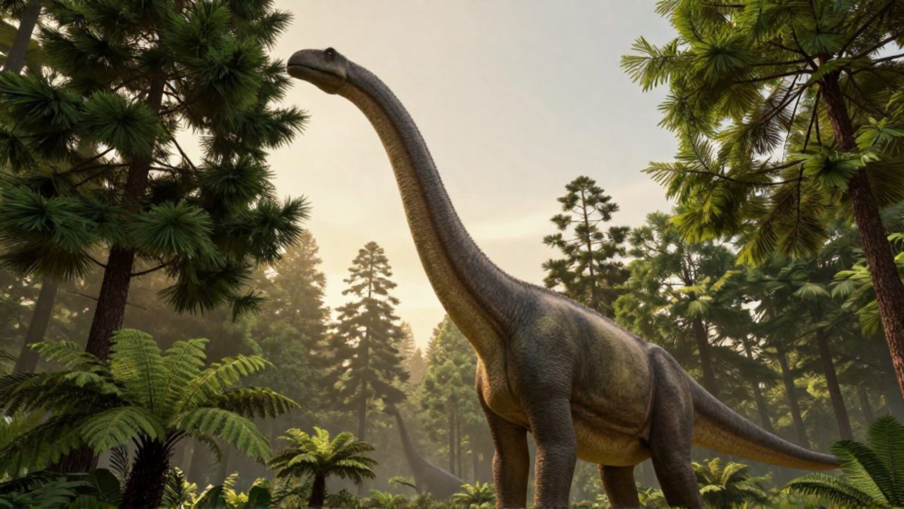 Un Brachiosaurus extiende su largo cuello hacia la copa de árboles coníferos en un bosque prehistórico.