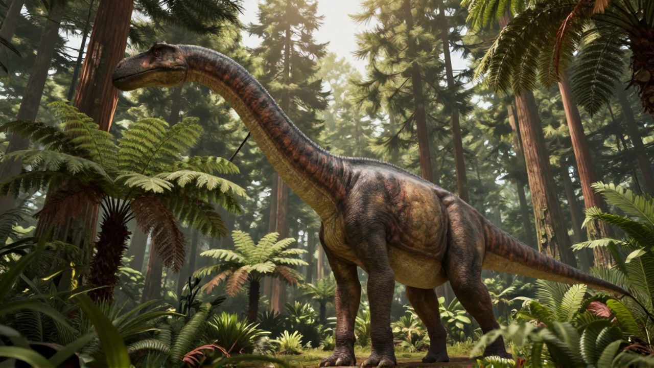 Reconstrucción de un saurópodo gigante estirando su largo cuello para alimentarse de la copa de coníferas en un bosque prehistórico.