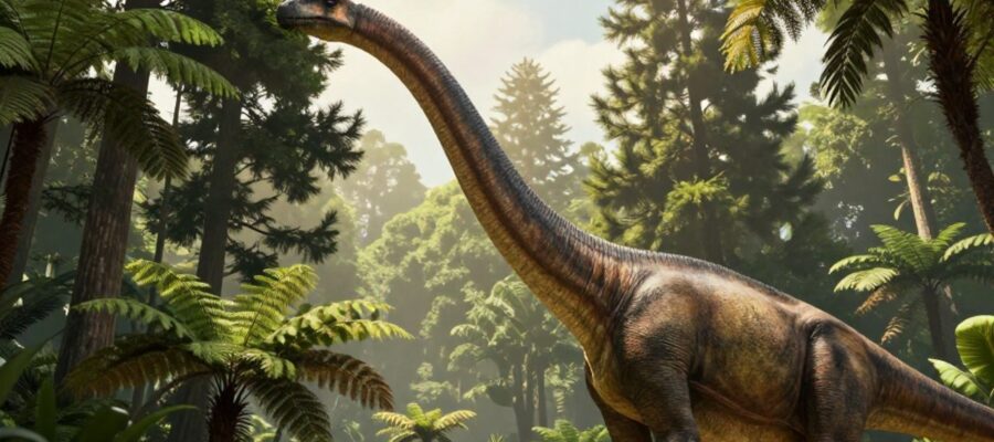 Un Brachiosaurus estira su largo cuello para alcanzar las hojas de la copa de un árbol en un denso bosque prehistórico.