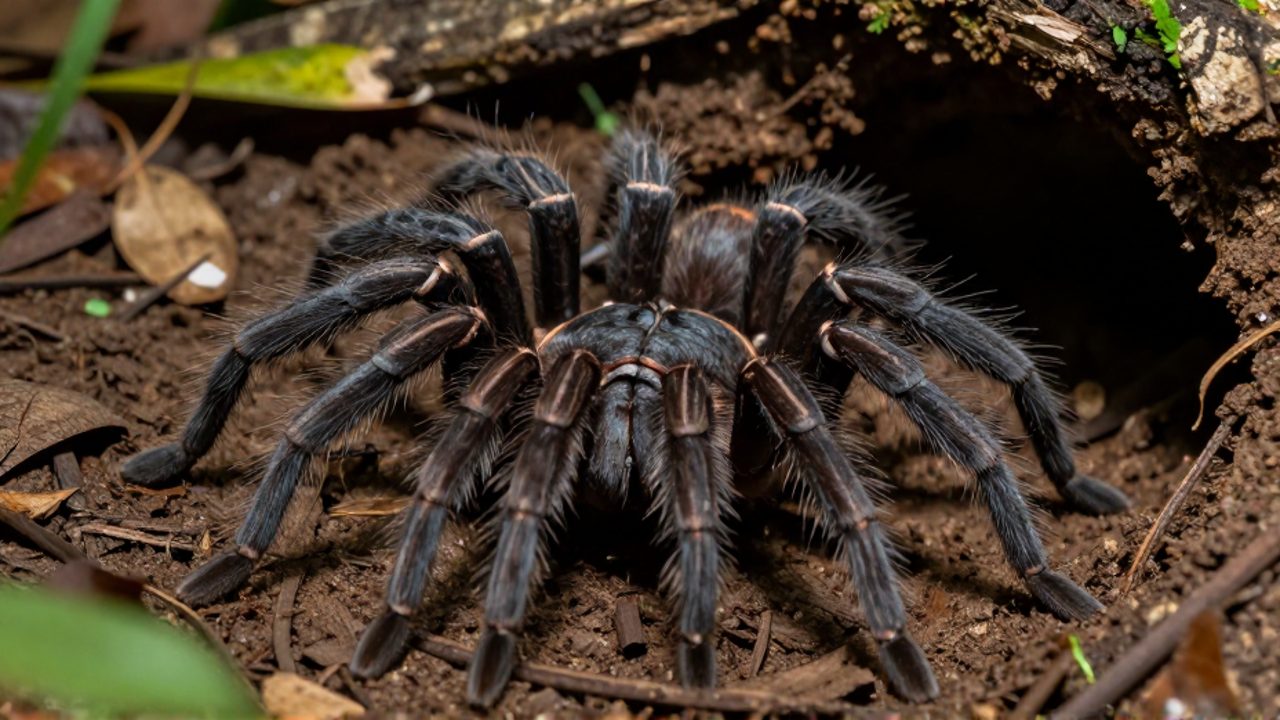 Tarántula terrestre con cuerpo oscuro y velludo emergiendo de su madriguera en el suelo de un bosque tropical.