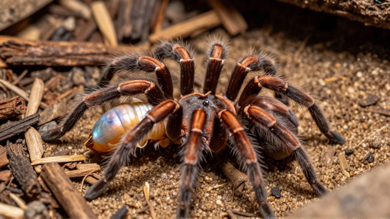Una tarántula emerge de su exoesqueleto tras completar el proceso de muda sobre un suelo de tierra y mantillo.