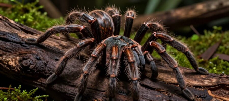 Tarántula de cuerpo robusto y vellosidades detalladas posada sobre un tronco de madera oscura en un entorno de bosque.