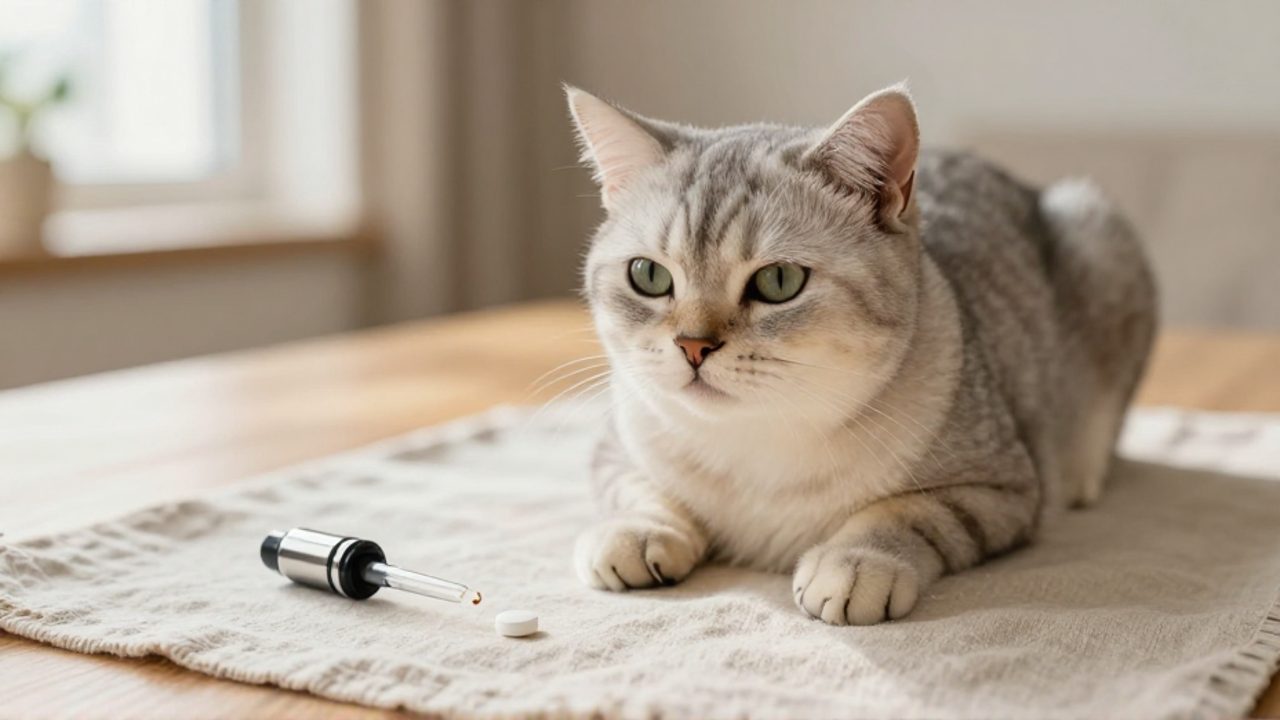 Un gato sentado junto a una pastilla blanca y un gotero sobre una mesa de madera en un entorno doméstico iluminado.