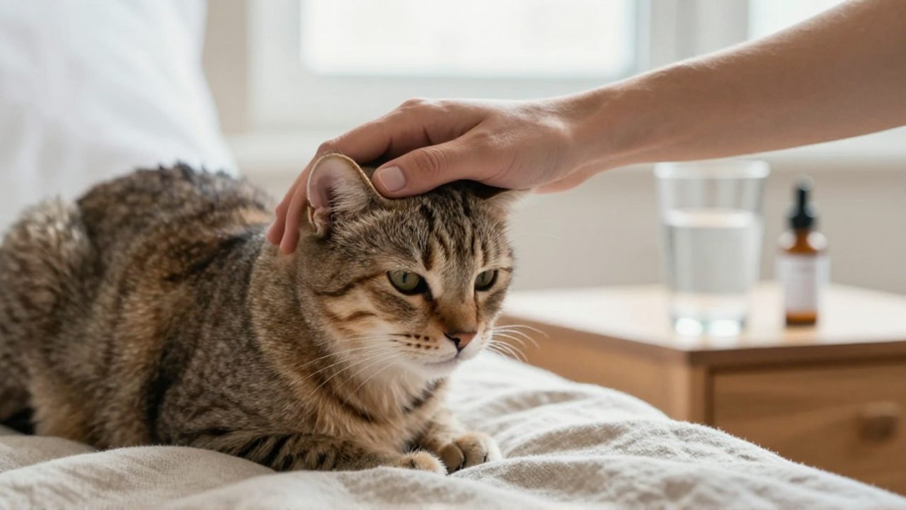 Una mano acaricia con cuidado a un gato que se muestra decaído sobre una manta, junto a un gotero de medicina en un entorno doméstico.