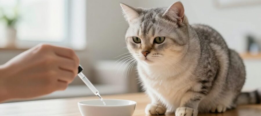 Gato doméstico tranquilo sentado en una mesa de madera mientras una mano con un cuentagotas prepara la administración de un medicamento en un cuenco pequeño.