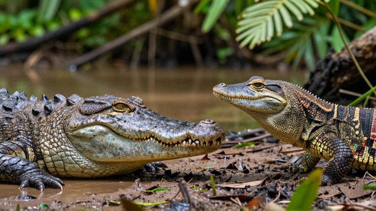 Comparación detallada del contraste entre la piel gruesa y rugosa de un cocodrilo frente a las escamas finas y patrones entrelazados de un lagarto.