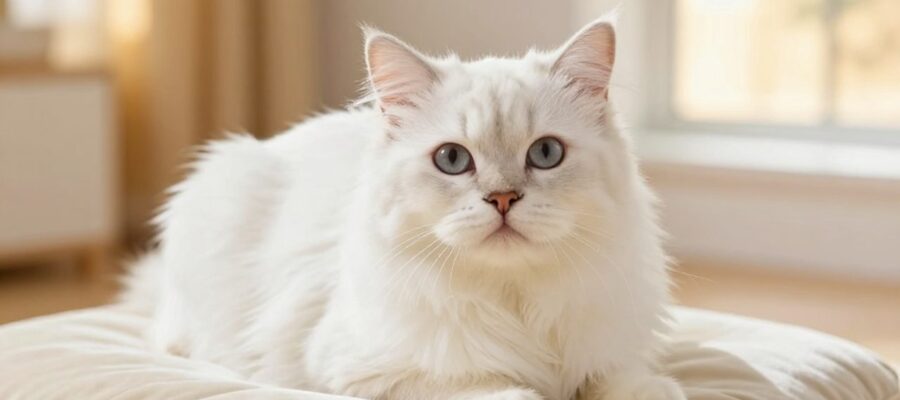 Gata blanca de pelo largo sentada elegantemente sobre un cojín de terciopelo en un ambiente acogedor y luminoso.