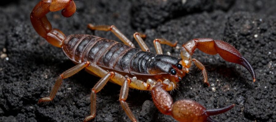 Primer plano detallado de un alacrán sobre una roca volcánica oscura, resaltando la textura de su exoesqueleto y sus pinzas.