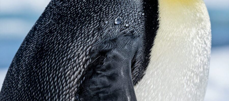 Primer plano del plumaje denso y superpuesto de un pingüino con gotas de agua resbalando sobre las plumas para mostrar su capacidad impermeable.