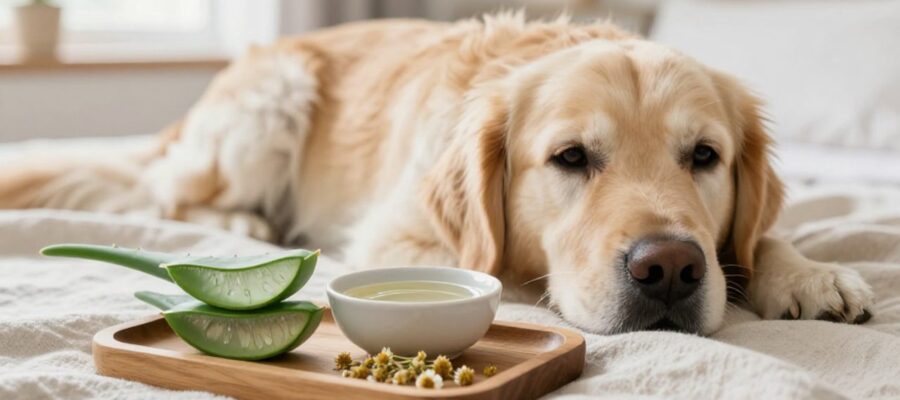 Un perro Golden Retriever descansando junto a una bandeja de madera con aloe vera, aceite de coco y flores de manzanilla.