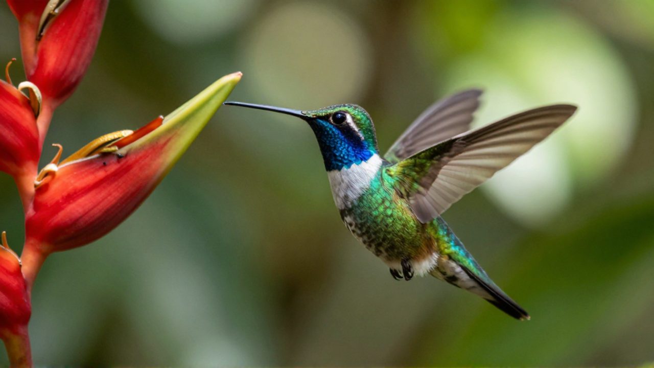 Colibrí abeja de plumaje iridiscente revoloteando junto a una flor tropical en una selva luminosa.
