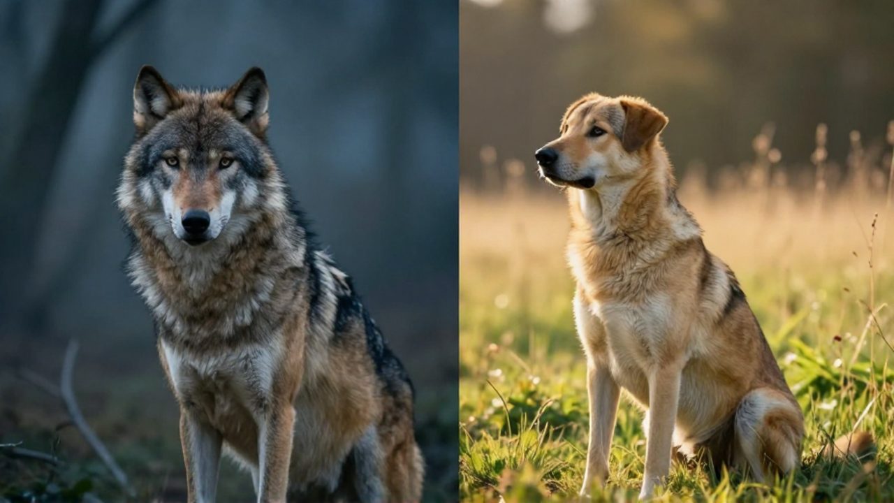 Comparación entre un lobo gris de aspecto salvaje en un bosque neblinoso y un perro doméstico de expresión suave en un prado soleado.