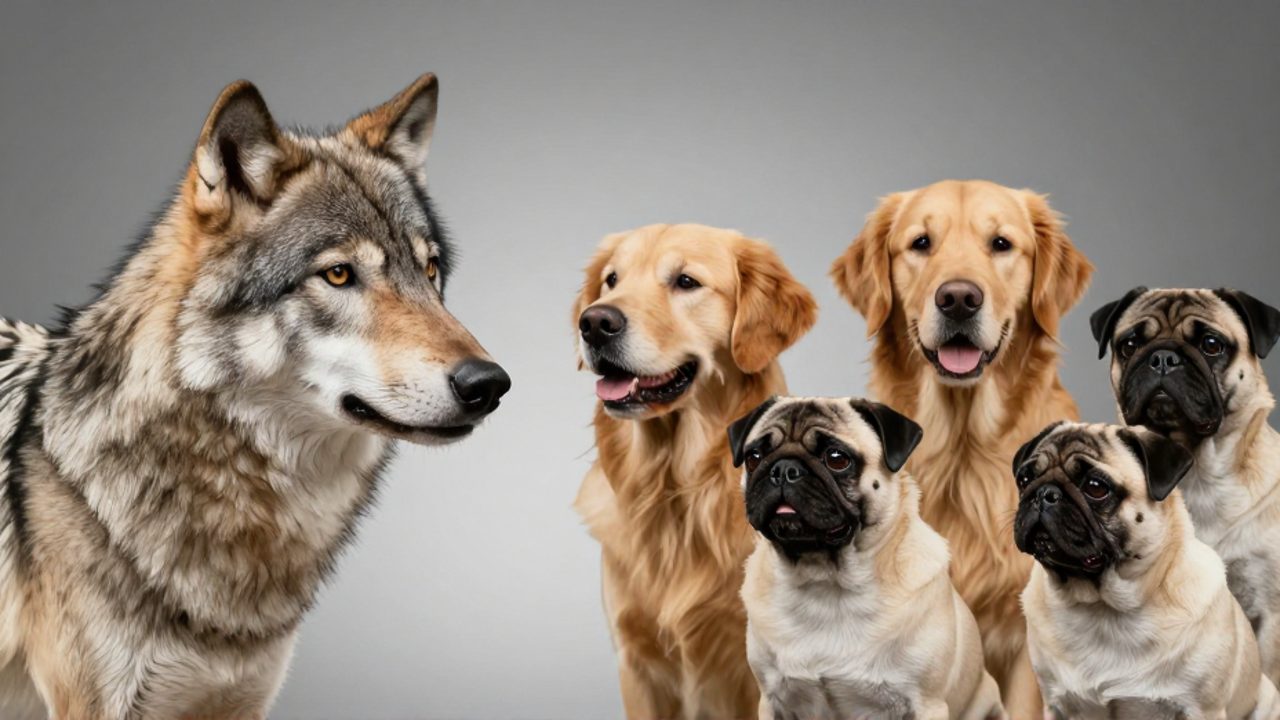 Comparativa entre el perfil de un lobo gris y un grupo de perros domésticos de distintas razas para mostrar la diversidad de formas y rasgos físicos.