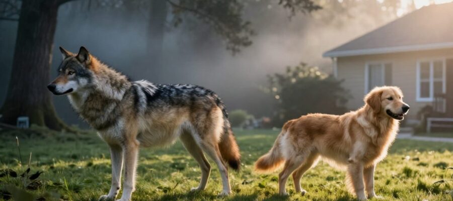 Transición visual que muestra a un lobo gris en un bosque neblinoso transformándose en un perro Golden Retriever en un jardín soleado.