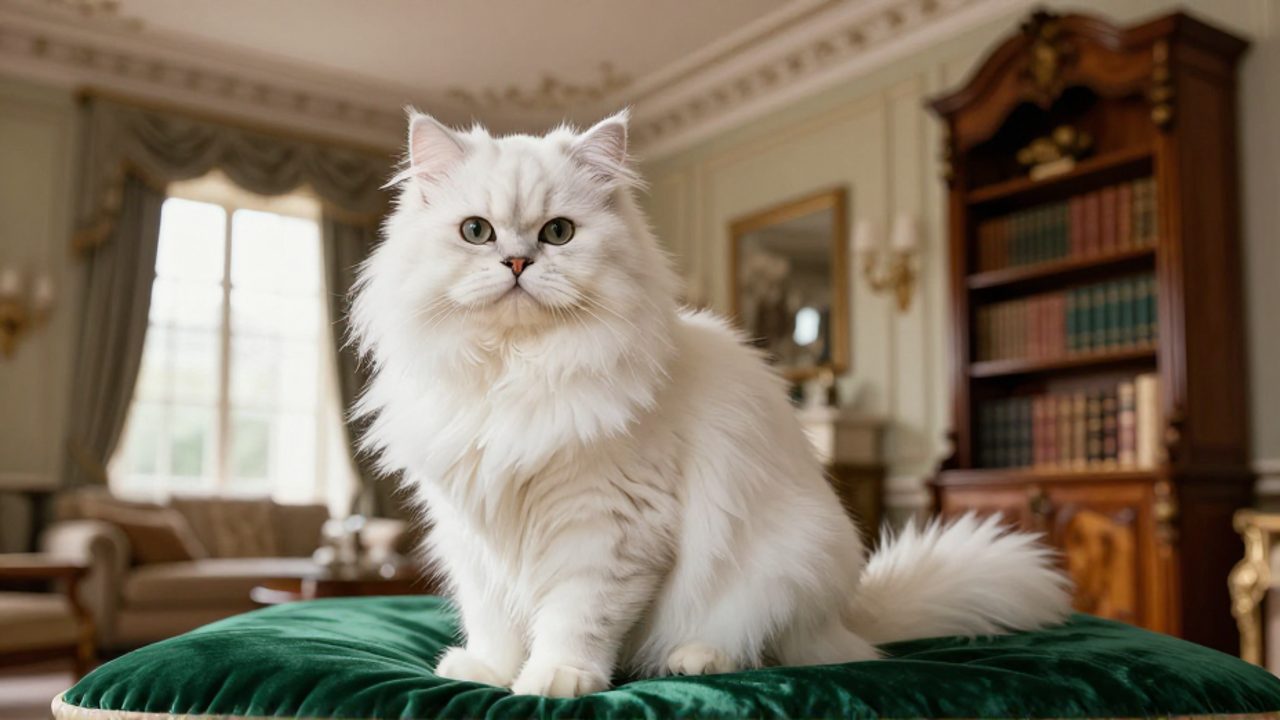 Gata persa blanca de pelo largo sentada con elegancia sobre un cojín de terciopelo verde en un salón clásico iluminado por el sol.