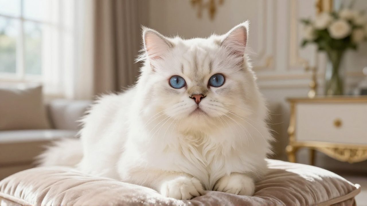 Gata persa blanca de mirada elegante sentada sobre un cojín de terciopelo en una sala iluminada por el sol.