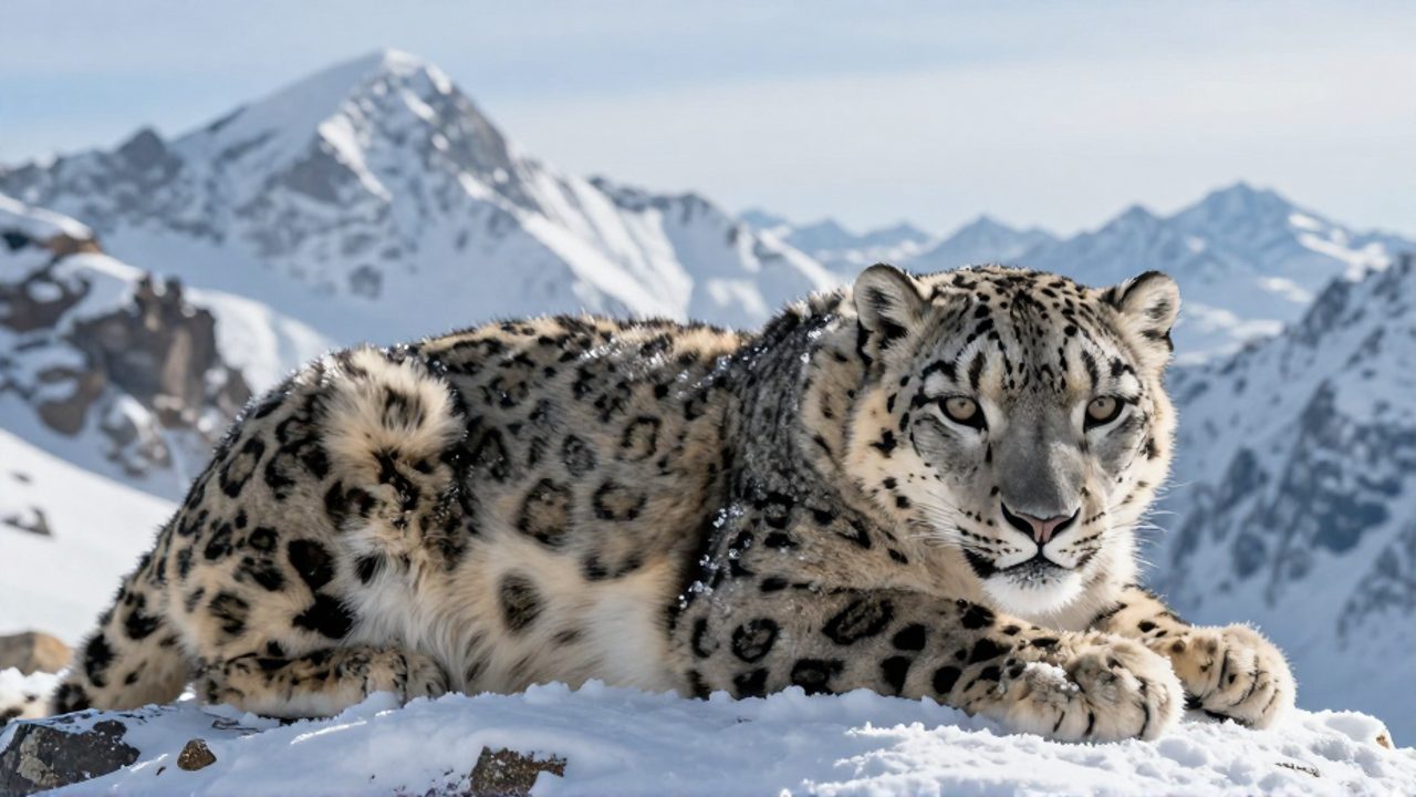 Un leopardo de las nieves con pelaje espeso descansa ovillado sobre una roca con escarcha para conservar el calor en un entorno de alta montaña.