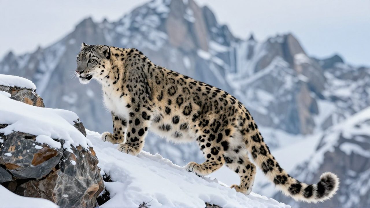 Un leopardo de las nieves camina equilibrándose sobre una cornisa rocosa y helada en un entorno de alta montaña.