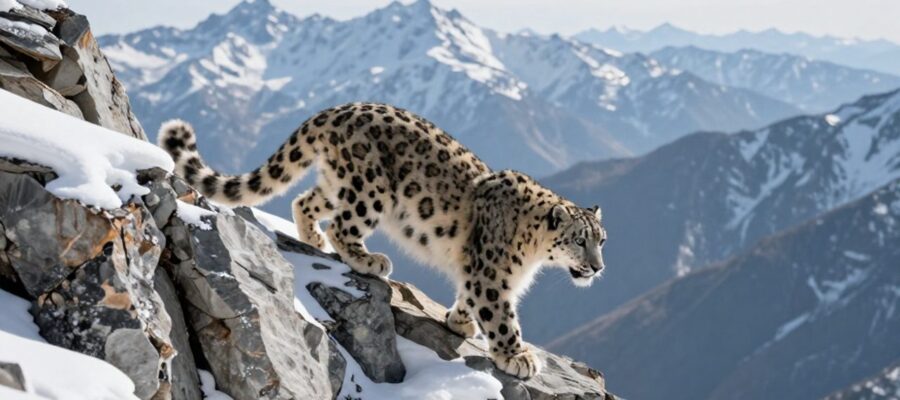 Un leopardo de las nieves camina con cautela sobre una cresta rocosa y nevada en la cordillera del Himalaya.
