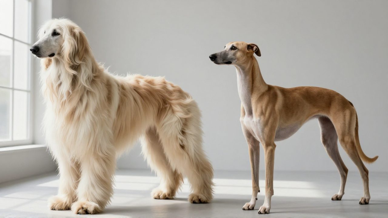 Un galgo afgano de pelo largo y sedoso junto a un galgo greyhound de pelaje corto y liso para comparar sus texturas y siluetas.