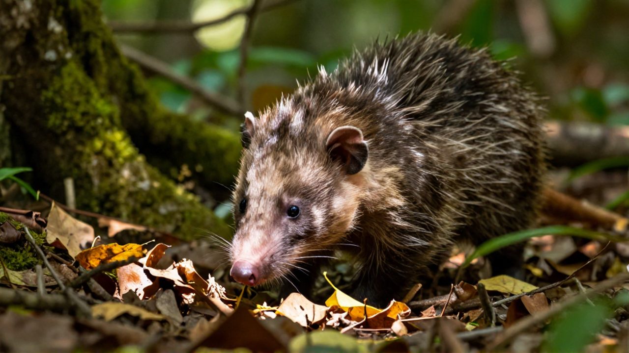 Un tlacuache busca alimento entre hojas secas y restos orgánicos en el suelo de un bosque sombreado.
