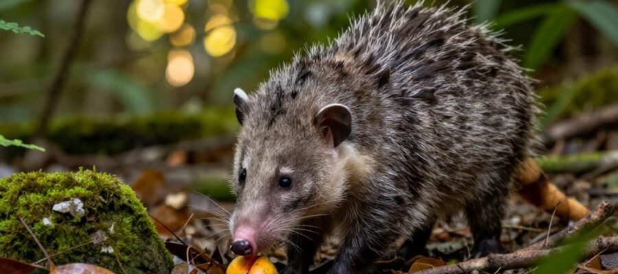 Un tlacuache olfatea una fruta caída sobre el suelo de un bosque húmedo rodeado de hojas y musgo.