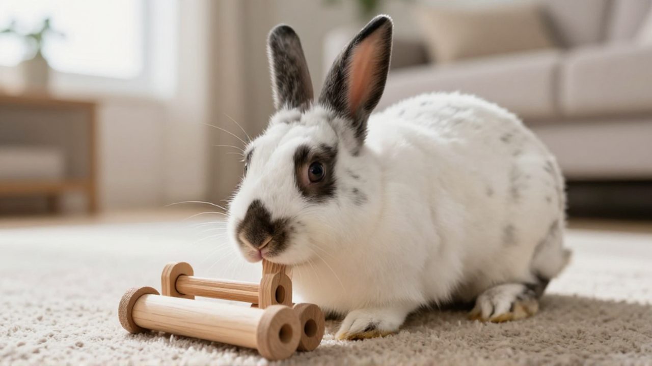 Un conejo California interactúa con un juguete de madera para su estimulación mental sobre una alfombra en un entorno doméstico.