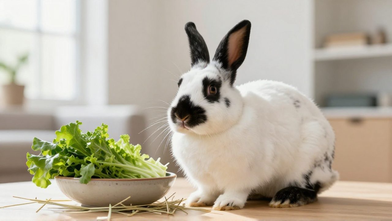 Conejo California con su pelaje blanco y manchas negras sentado junto a un cuenco de verduras frescas y heno sobre una superficie de madera.
