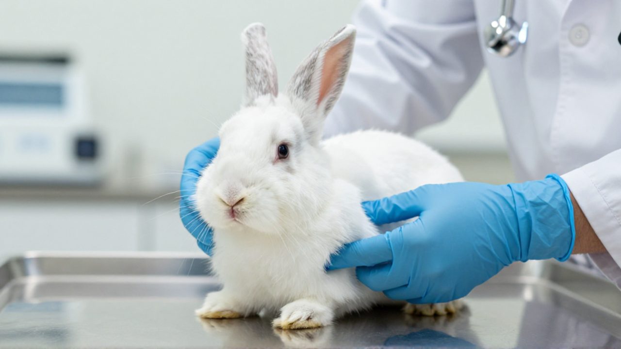 Un veterinario con guantes azules palpa con cuidado la zona de la mandíbula de un conejo para detectar inflamaciones.
