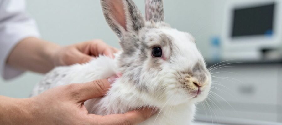 Un veterinario examina la zona de la mandíbula de un conejo doméstico para identificar una posible inflamación.