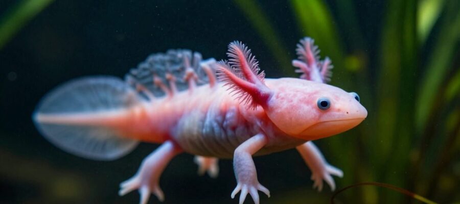 Axolote de color rosa con branquias externas plumosas nadando en un entorno acuático con vegetación tenue.