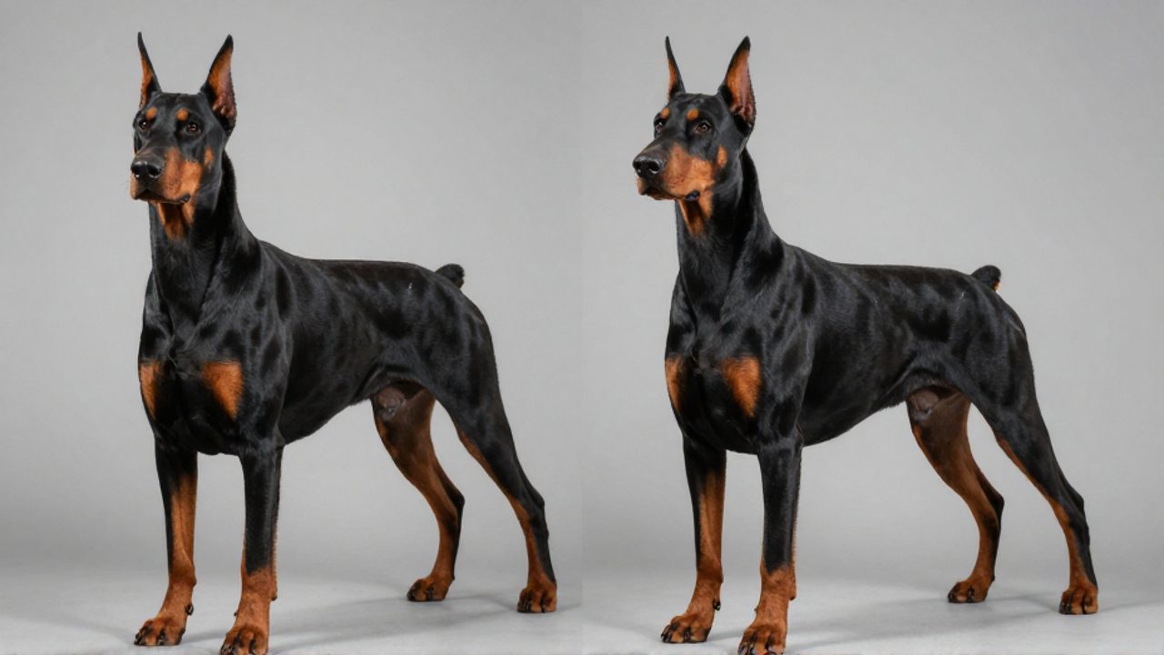 Comparativa de dos perros Dóberman de pie, uno con la estructura ósea robusta del estándar europeo y otro con la silueta estilizada del estándar americano.