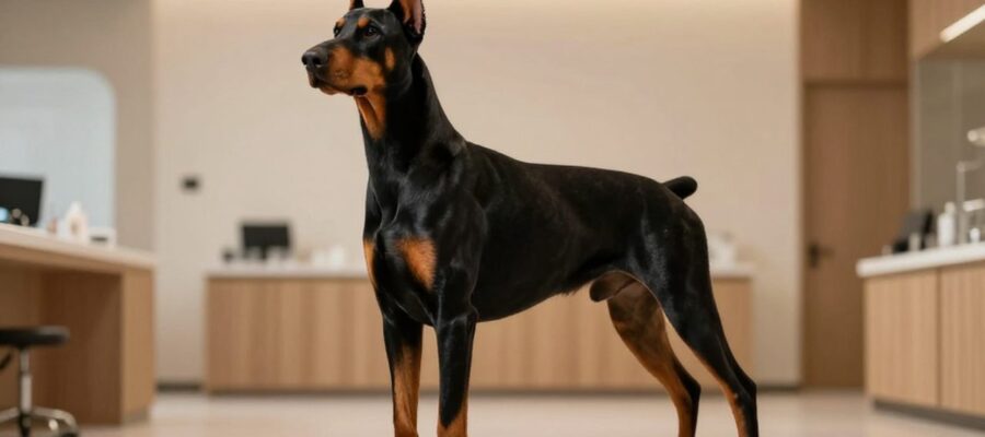 Perro Dóberman Pinscher de pelaje negro y fuego con postura alerta y musculosa en una clínica veterinaria.