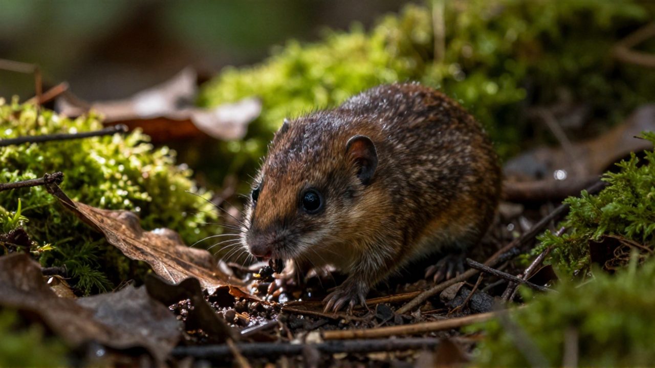Una musaraña busca insectos con urgencia entre la hojarasca y el musgo de un suelo de bosque húmedo.