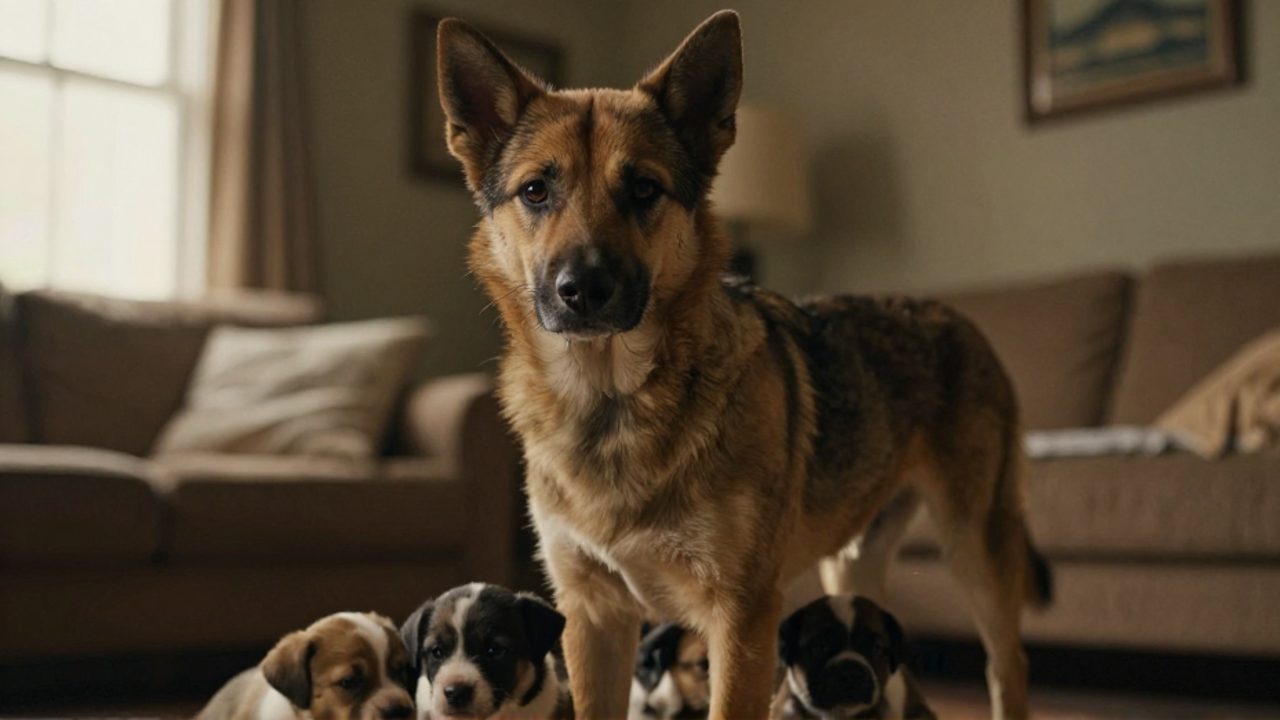 Una perra con mirada alerta vigila a sus cachorros mientras duermen en un entorno doméstico.
