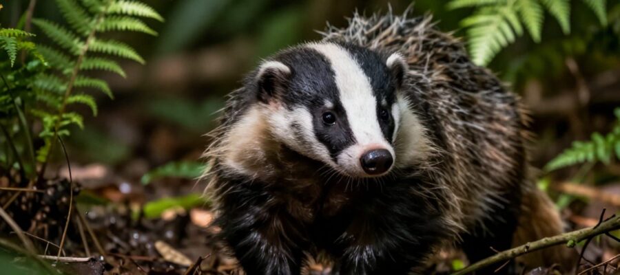 Un tejón melívolo con mirada intensa y postura alerta emerge entre la vegetación de un bosque.