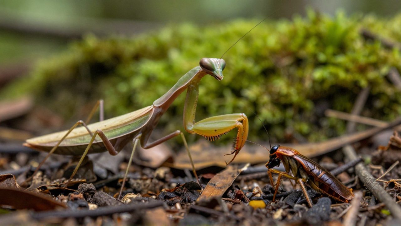 Una mantis religiosa extiende sus patas delanteras para capturar a una cucaracha sobre un suelo de hojas secas en el bosque.
