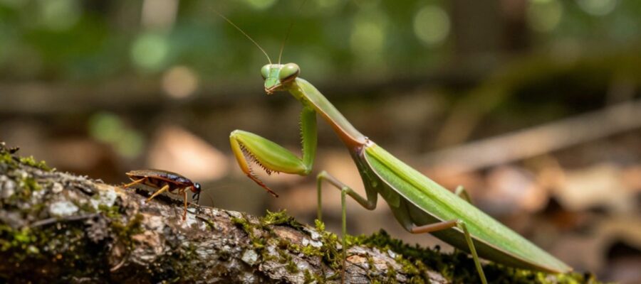 Una mantis religiosa de color verde se prepara para atacar a una pequeña cucaracha sobre la rama de un árbol con musgo.