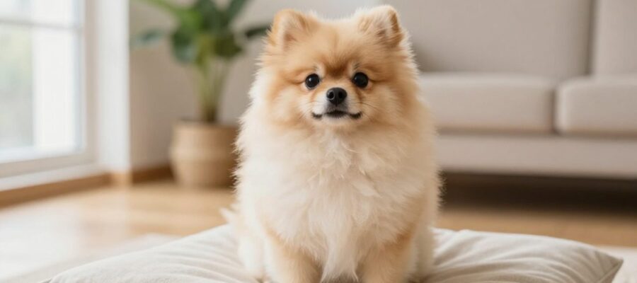 Un perro Pomerania bien cuidado y de pelaje esponjoso sentado sobre un cojín en una sala de estar luminosa.