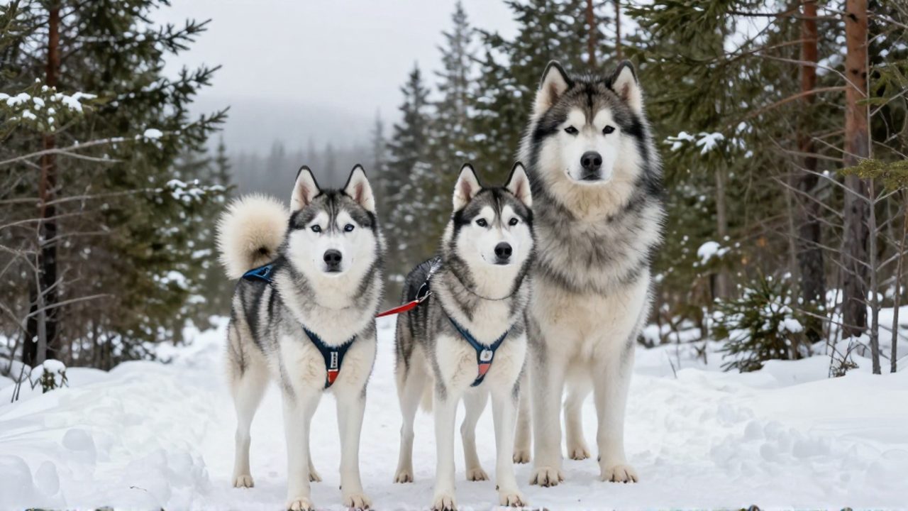 Un husky siberiano, un husky de Alaska y un malamute de Alaska posan juntos en un bosque nevado para mostrar sus distintas complexiones y tipos de pelaje.
