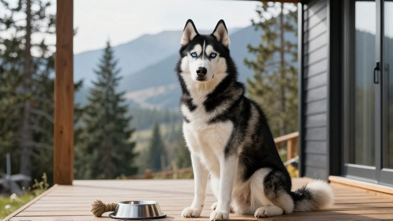 Husky siberiano de pelaje blanco y negro sentado en un porche de madera junto a su cuenco de agua y un juguete.