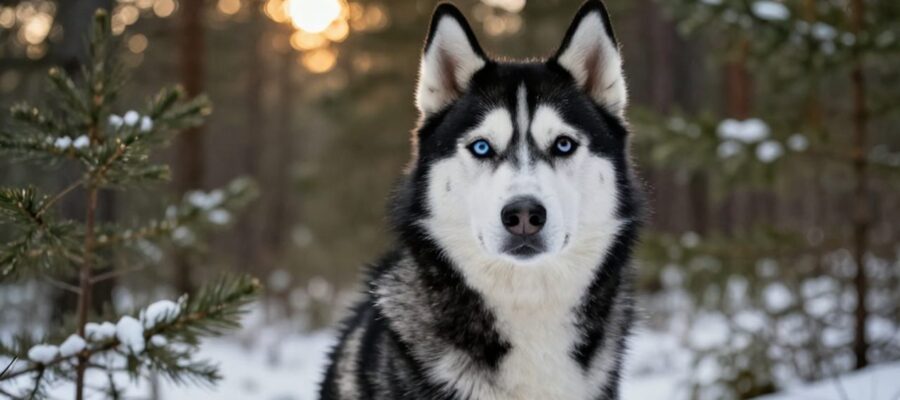 Perro husky siberiano de pelaje blanco y negro con ojos de distinto color sentado en un bosque nevado.
