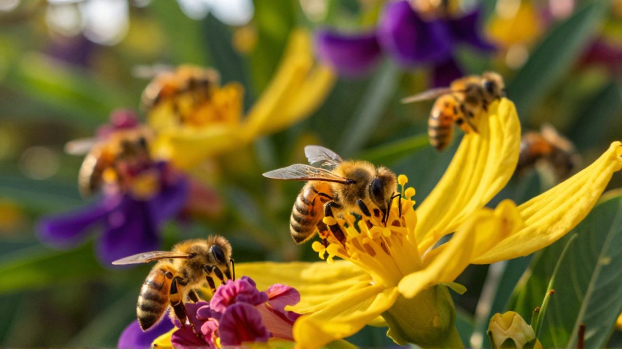 Una abeja melipona recolecta polen amarillo de una flor tropical entre un grupo de abejas que buscan alimento en la selva.