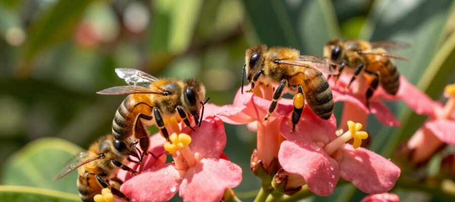 Abejas meliponas recolectando néctar sobre flores tropicales de color rosa en una selva.